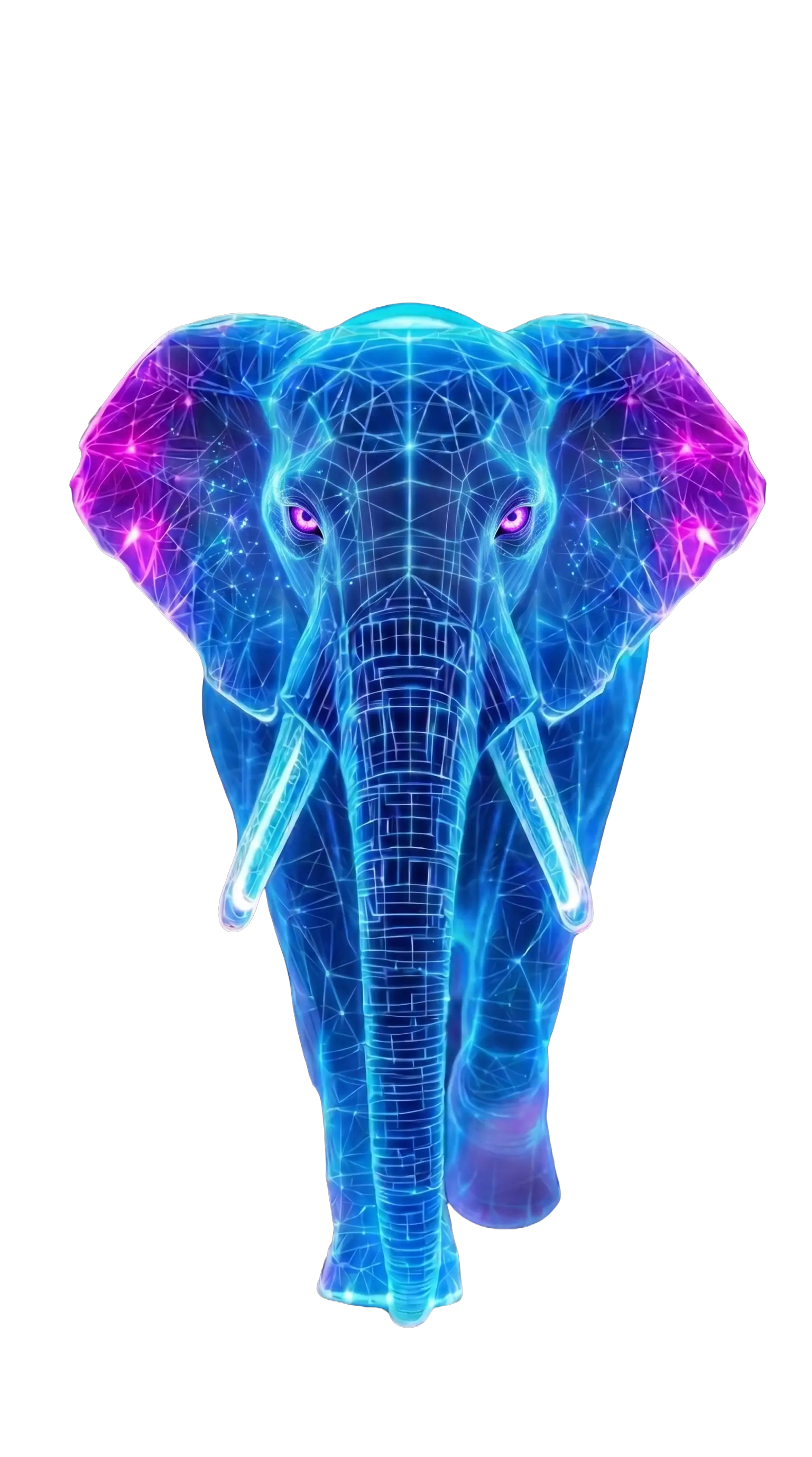 Digital neon wireframe elephant model representing heavy data load and system robustness in Load Test Lab application.